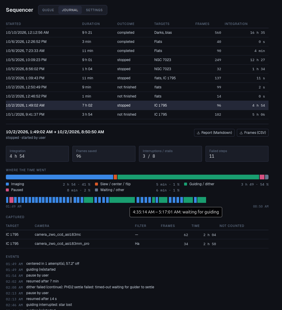 Sequencer journal showing a completed session's timeline and captured frames