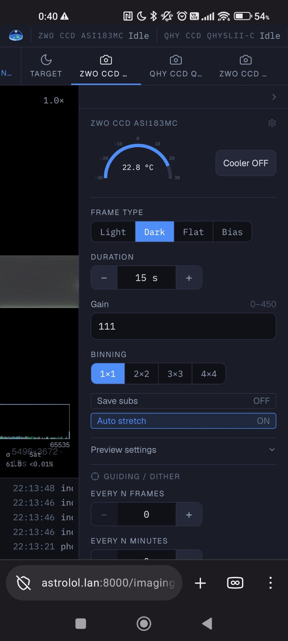 astrolol's imaging page open in a phone browser, controlling an exposure