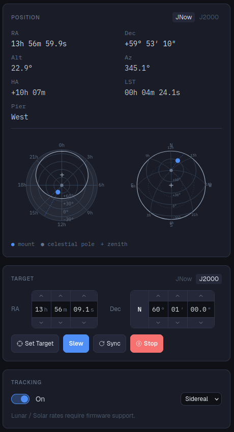 Mount page showing live position, target coordinates and tracking controls