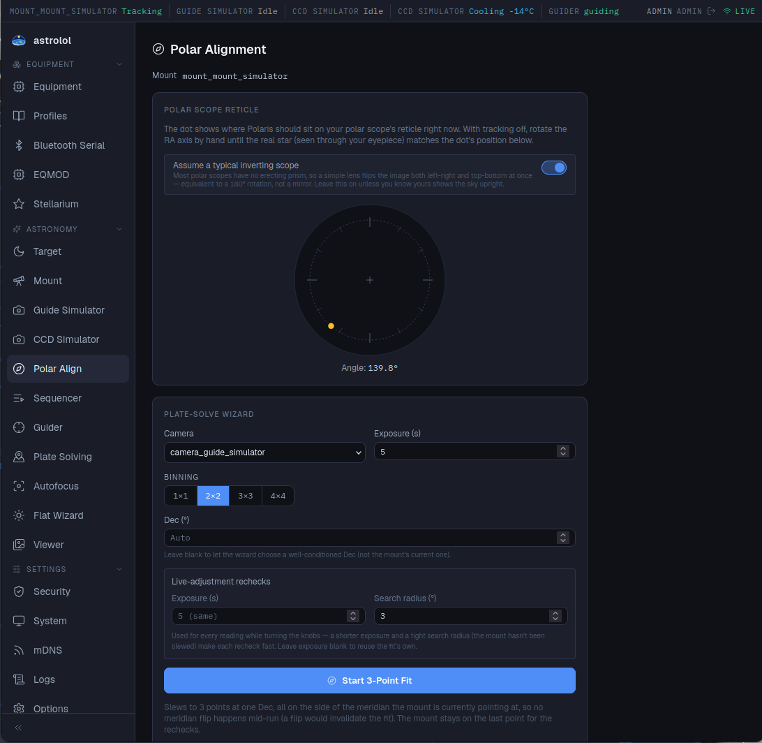 Polar alignment reticle and plate-solve wizard