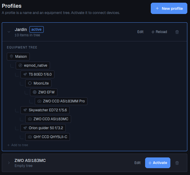 Profiles page showing an equipment tree with mount, OTAs, filter wheel and cameras