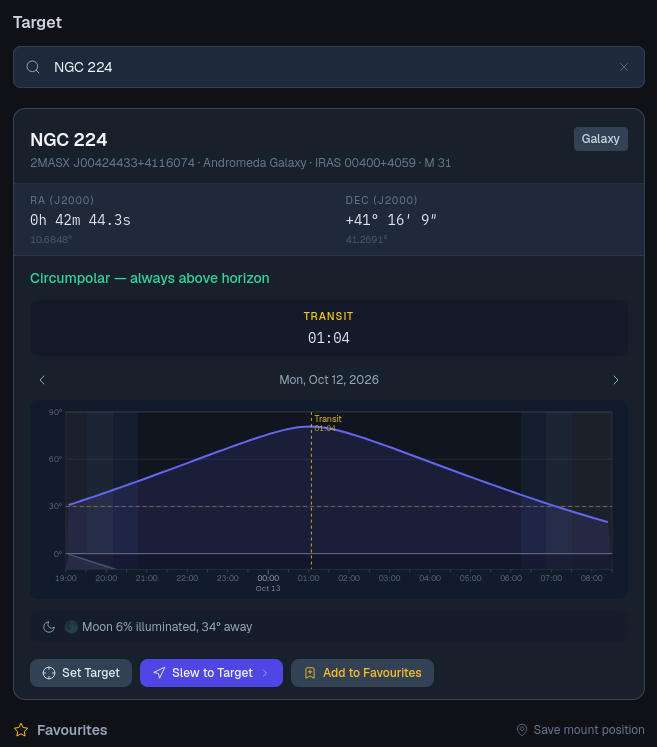 Target search page showing NGC 224, its altitude curve and transit time