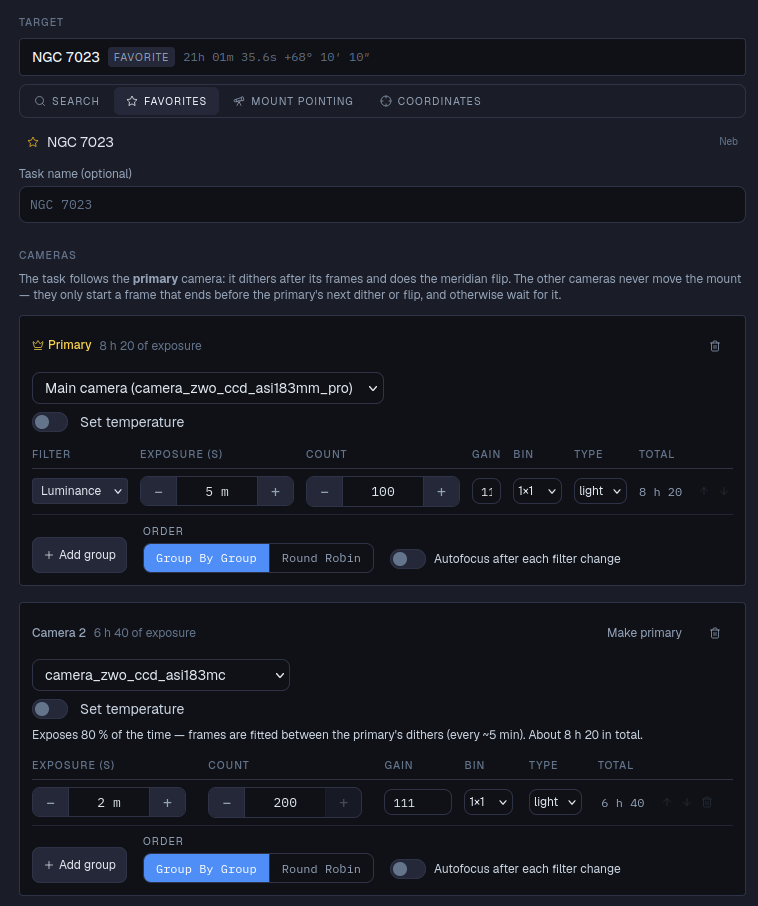 Sequencer task builder with a multi-camera NGC 7023 plan