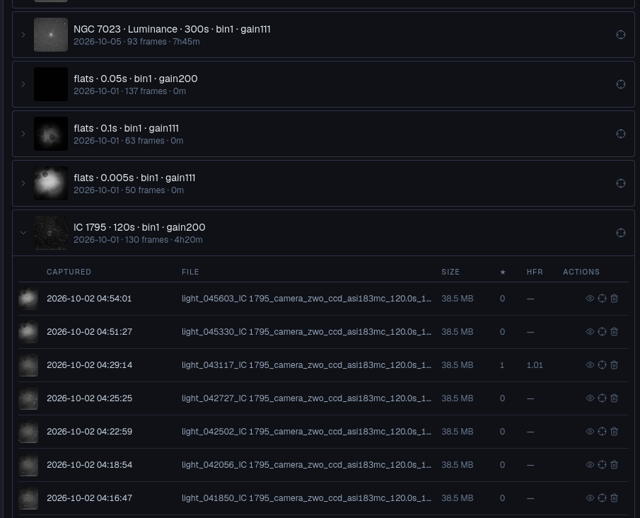 Viewer page listing captured sessions and frames with thumbnails and file sizes